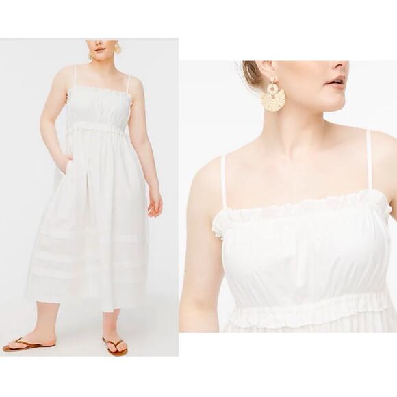 J.Crew Square Neck Ruffle Maxi Dress White Size 14 Minimalist Coastal Bohemian - Picture 1 of 11